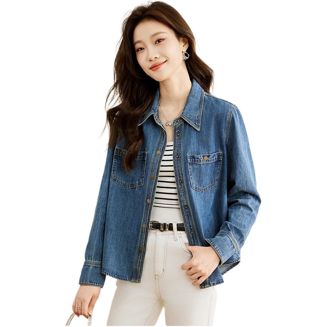 Блузка KAISER Элегантный однотонный винтаж текстура корейский деним универсальный омоложение отложной воротник рубашка женский - изображение 1