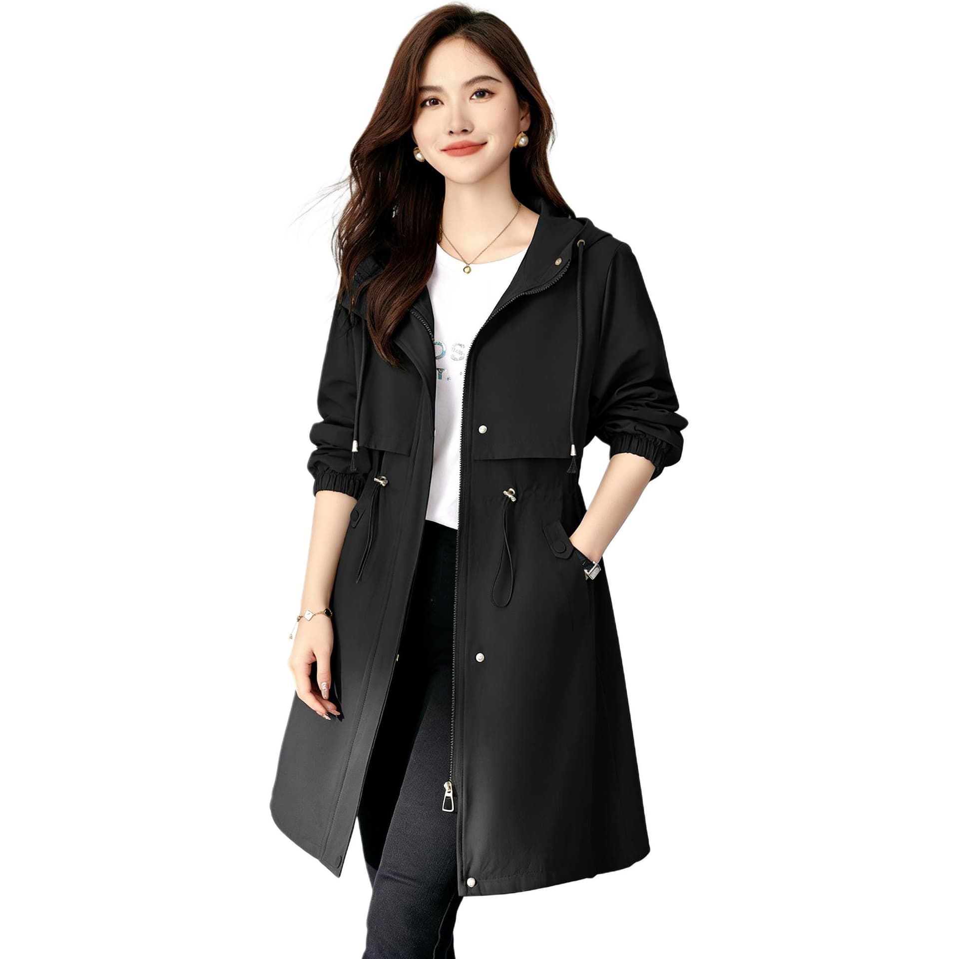 KAISER Британский стиль премиум-графитовый черный с капюшоном шнурок с утяжкой на талии стройнящий черный повседневный средняя длина плащи женский - изображение 1