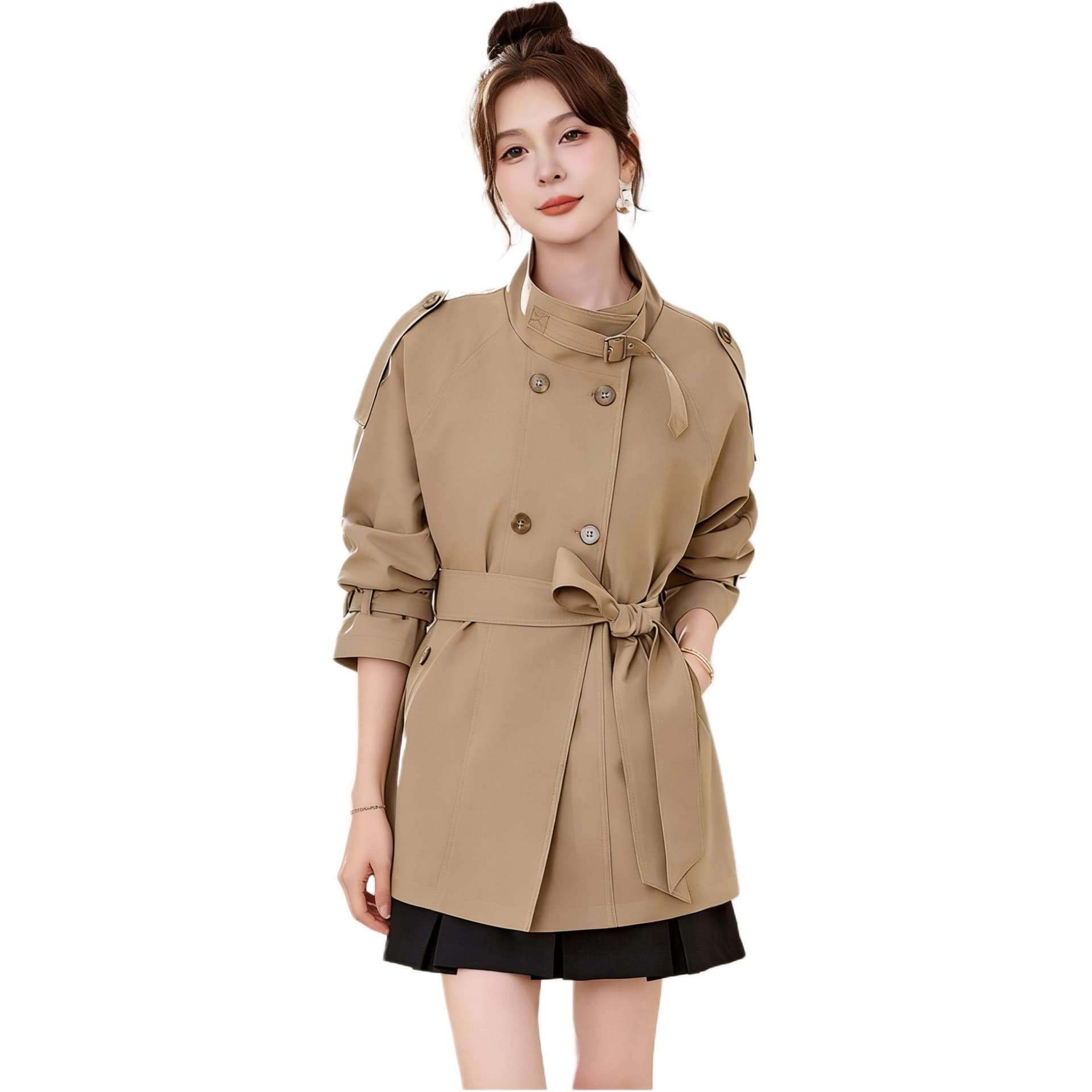 KAISER Модный воротник-стойка на шнурках с утяжкой на талии премиум-графитовый черный элегантный двубортный тренчкот средней длины женский - изображение 1
