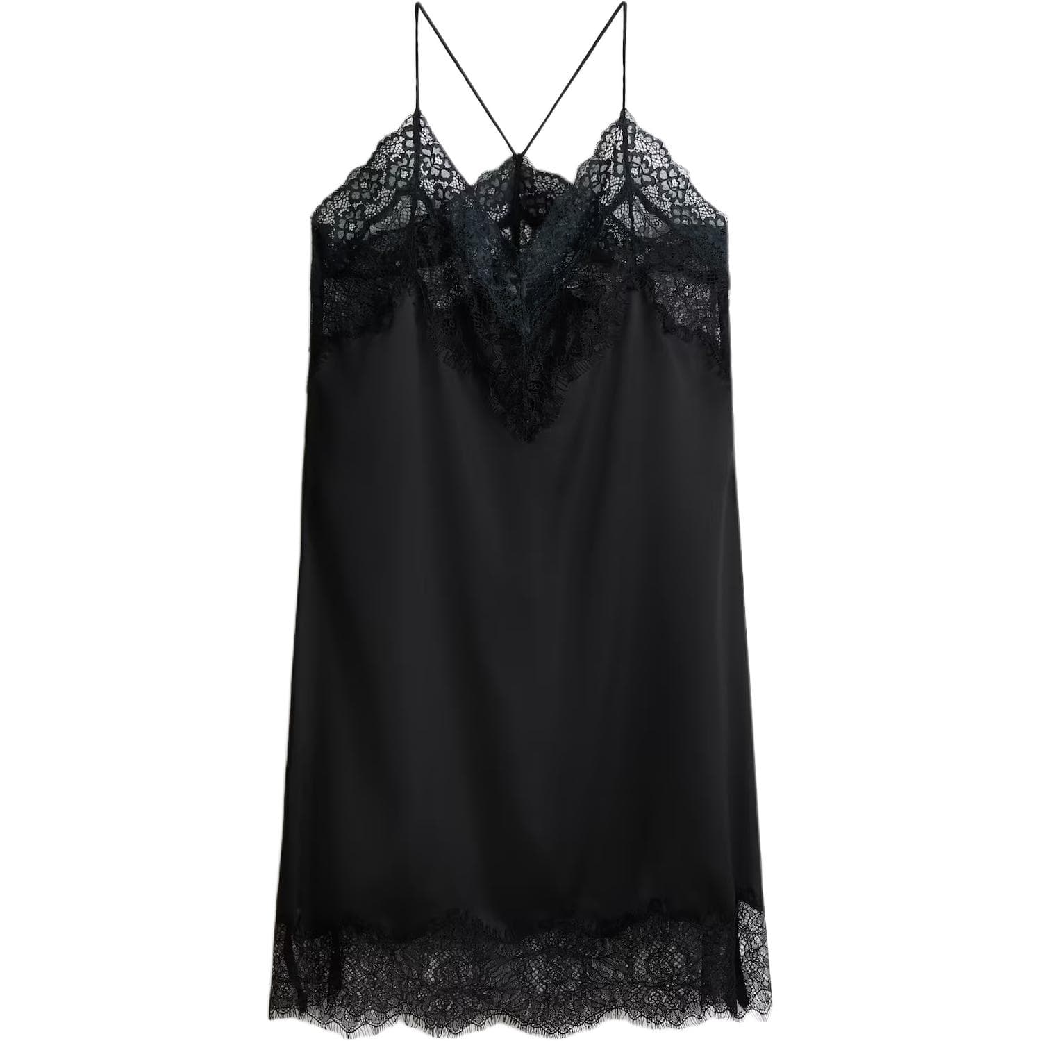 H&M Мягкое струящееся однотонное платье на бретелях с V-образным вырезом и кружевной отделкой из сатина - изображение 1