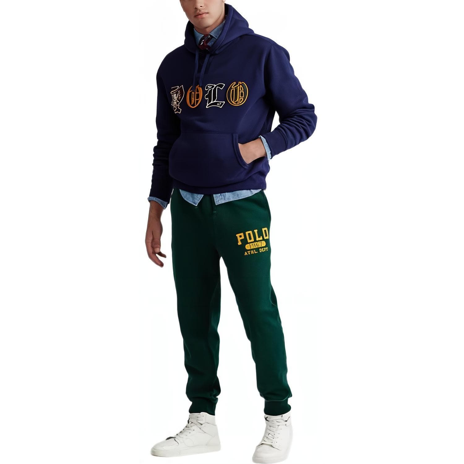 Худи Polo Ralph Lauren FW23 Поло с заплаткой капюшоном флисовой подкладкой длинный рукав Толстовка мужской морской синий - изображение 4