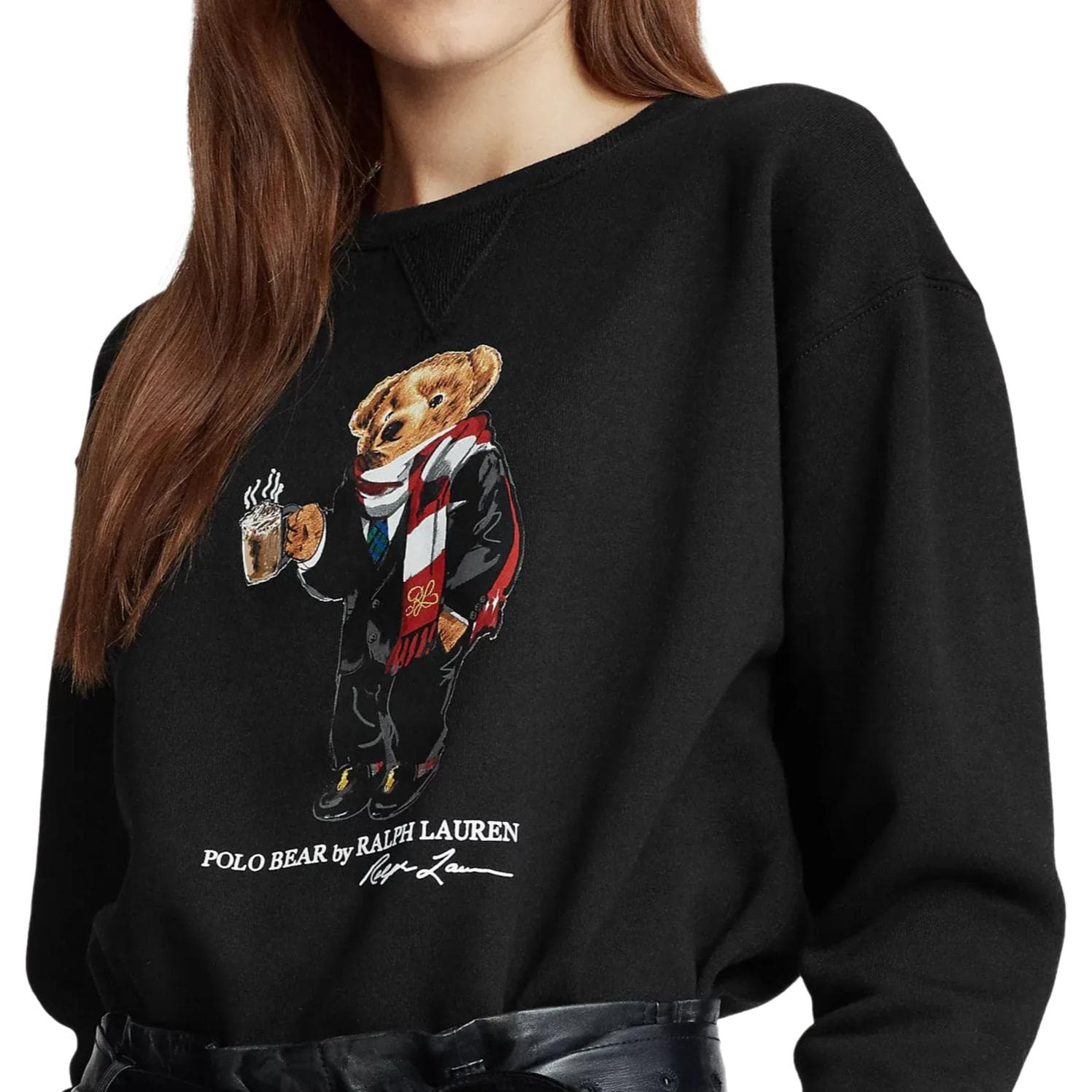 Худи Polo Ralph Lauren FW23 Кофе Медвежонок Узор Круглый вырез С флисовой подкладкой Длинный рукав Толстовка Женское Черное - изображение 4