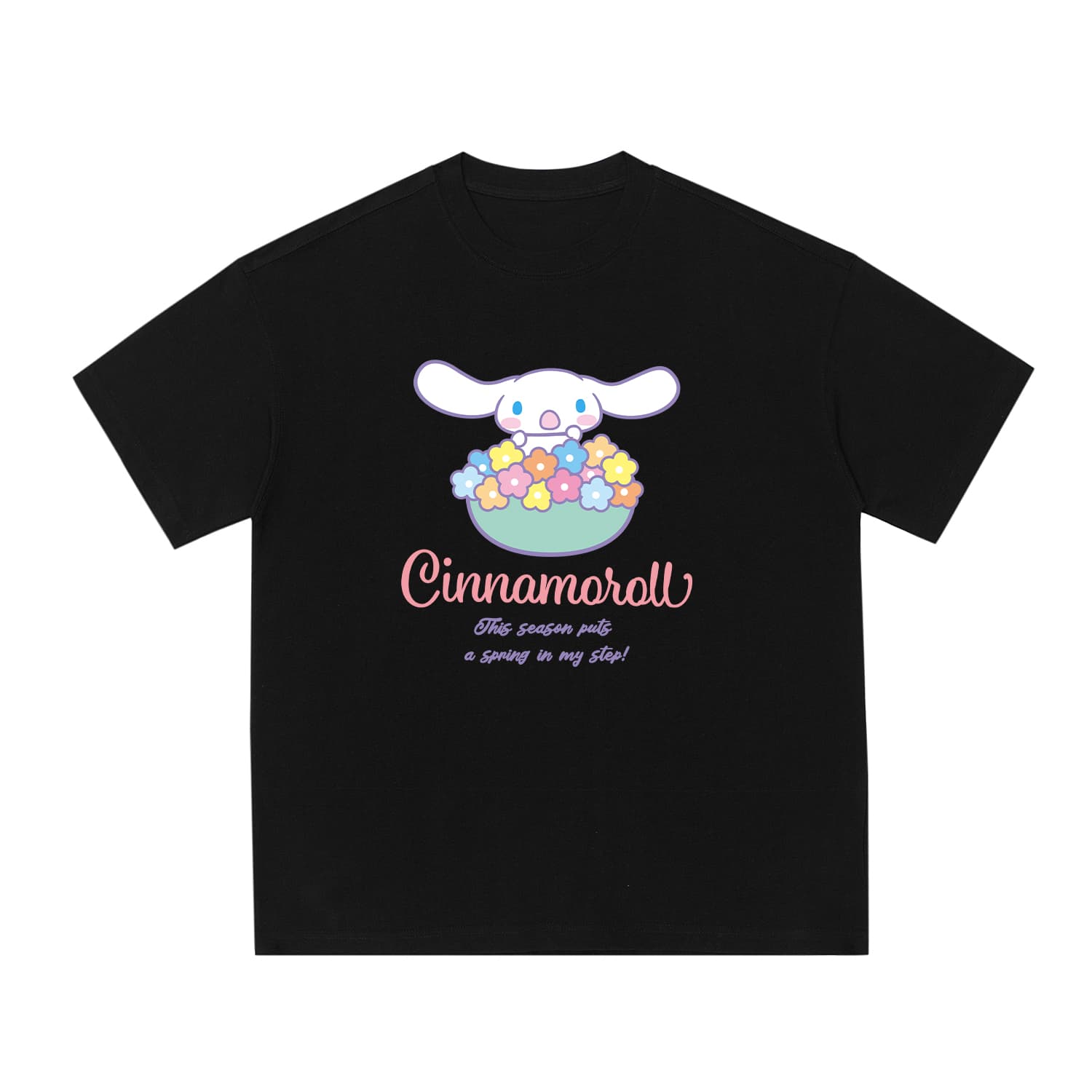 Футболка Sanrio T-shirt с мультяшным рисунком Cinnamoroll и принтом с буквами, американский уличный стиль, повседневный, винтаж, модный, универсальный, круглый вырез, экстра свободный, 100% хлопок, унисекс - изображение 1