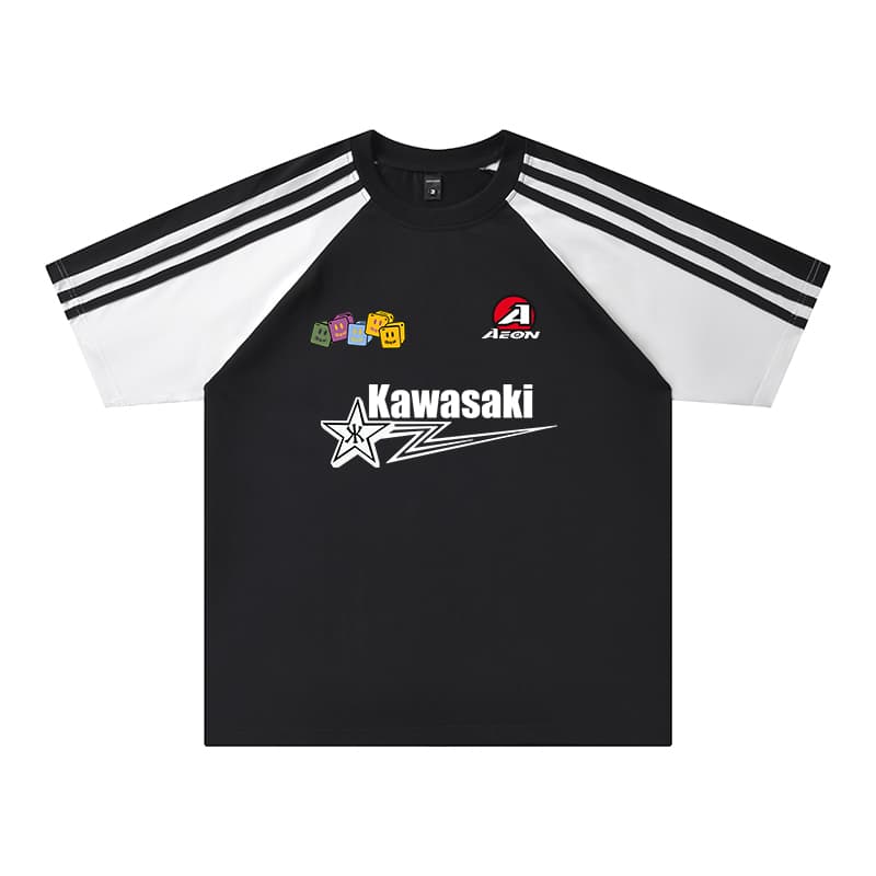 Футболка Kawasaki Модный безопасный для кожи удобный дышащий гигроскопичный мягкий американский роскошная уличная мода винтаж парный стильная боковая молния буквы логотип свободный повседневный спорт & отдых на природе короткий рукав унисекс - изображение 1