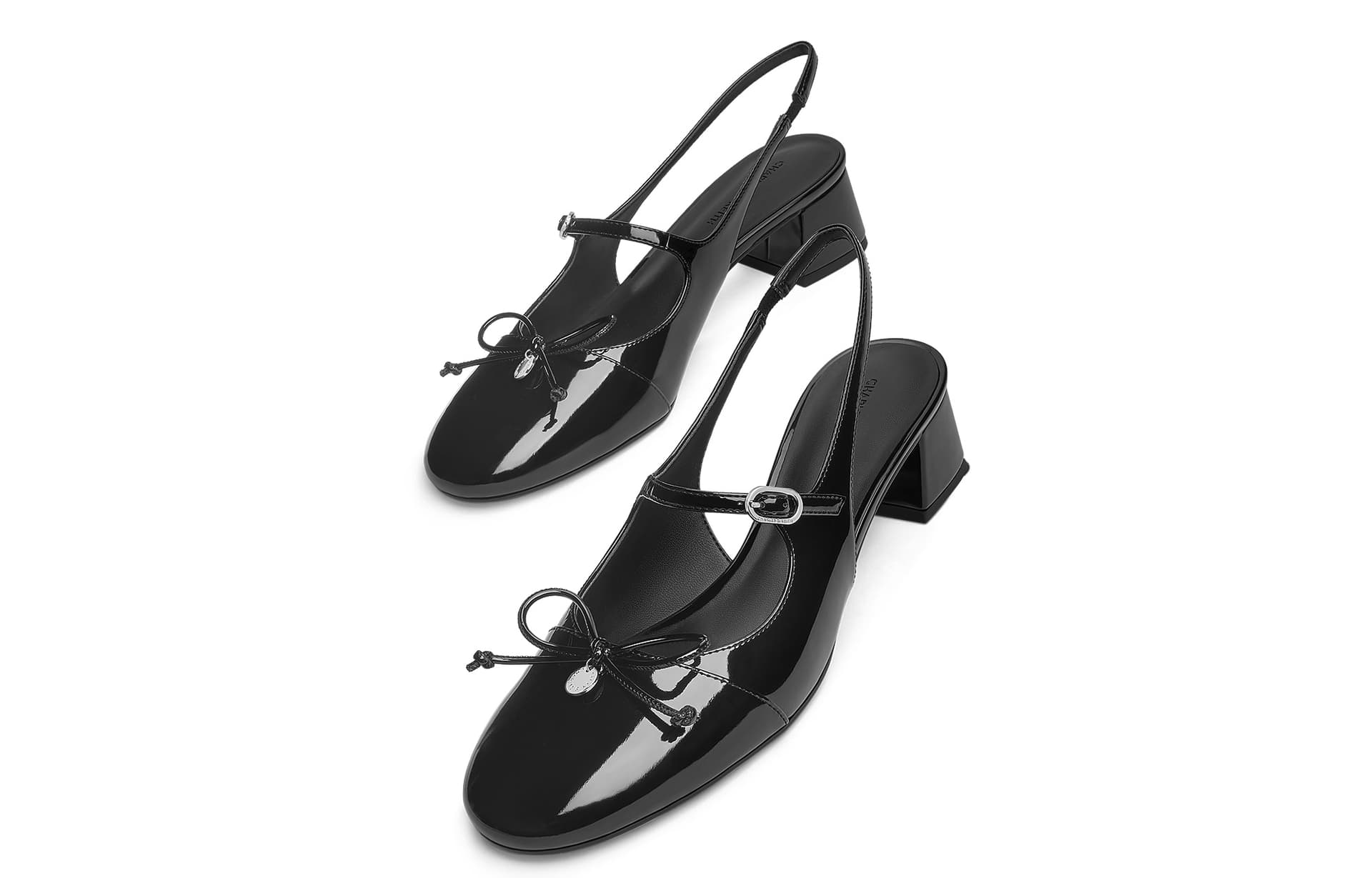Шлёпанцы CHARLES&KEITH Летние блестящие туфли Мэри Джейн с бантом и закрытым носком на ремешке, каблук 4,5 см, женские - изображение 3