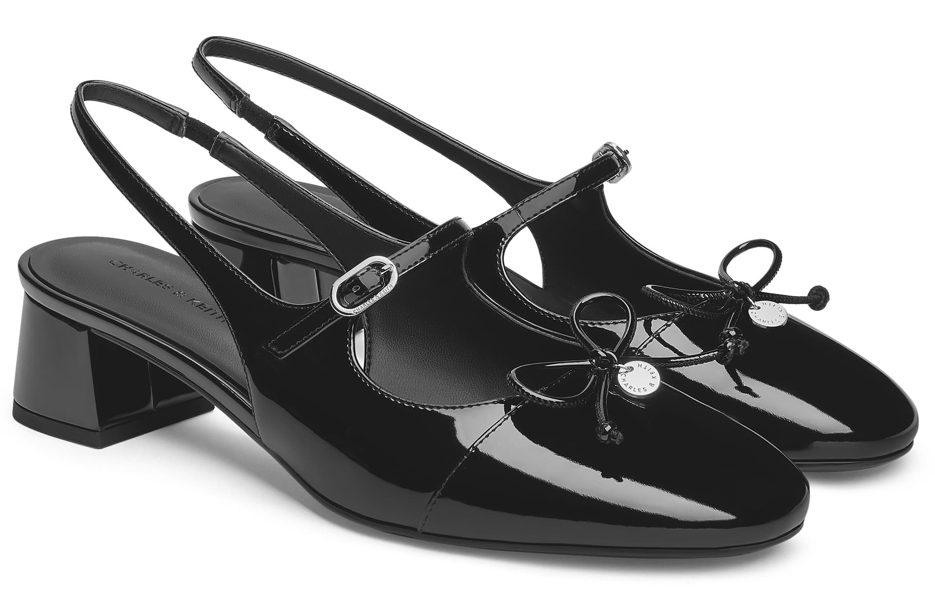Шлёпанцы CHARLES&KEITH Летние блестящие туфли Мэри Джейн с бантом и закрытым носком на ремешке, каблук 4,5 см, женские - изображение 2