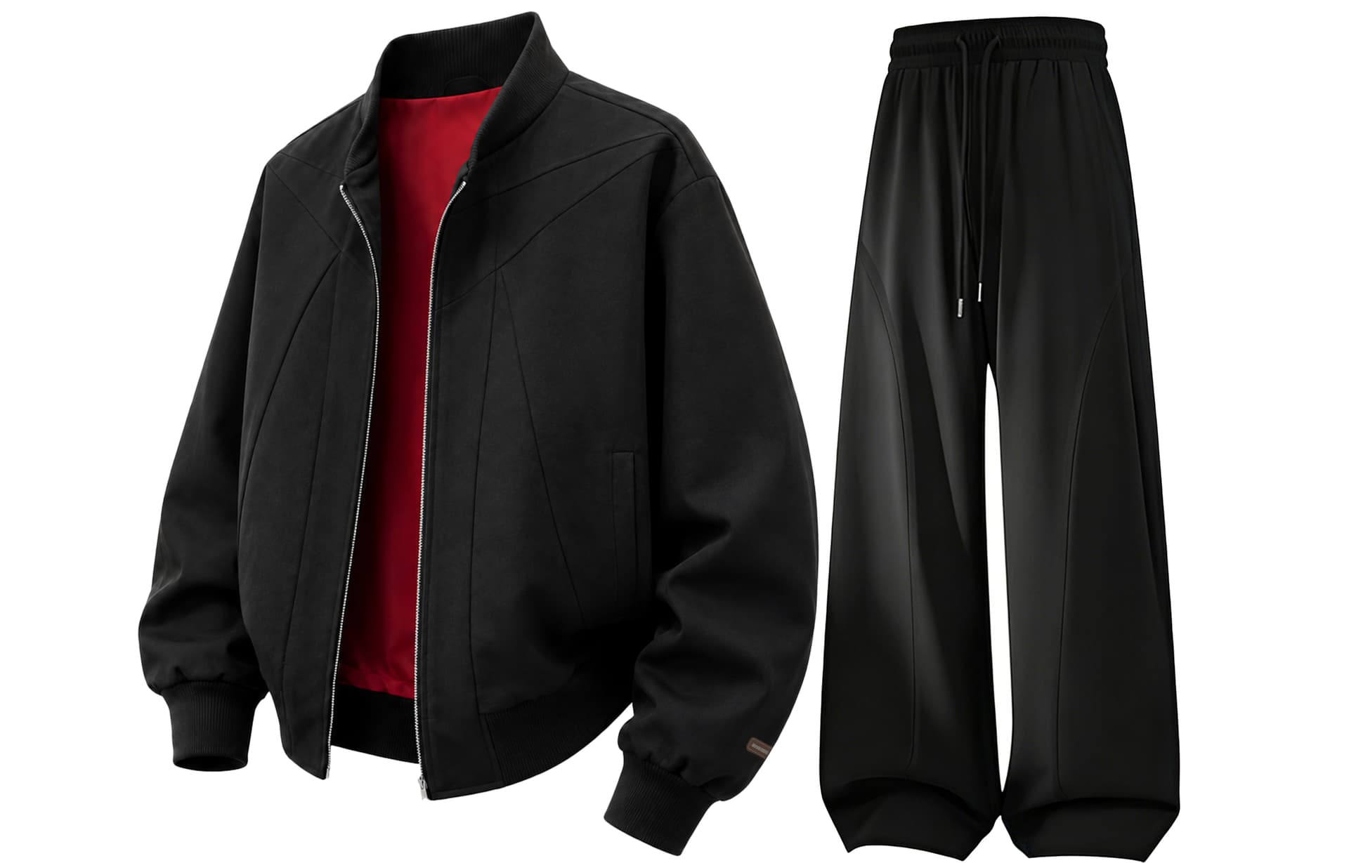 Спортивный костюм Воинский Черный Пальто + Черные Штаны [Minimalist Style Versatile] Унисекс Повседневный Спортивный Костюм Комплекты - изображение 1