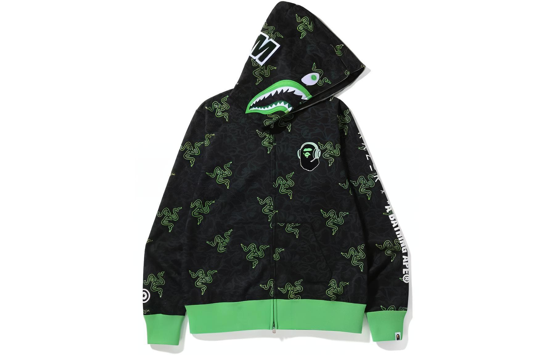 Худи BAPE x Razer FW22 Neon camo shark full zip hoodie - изображение 1