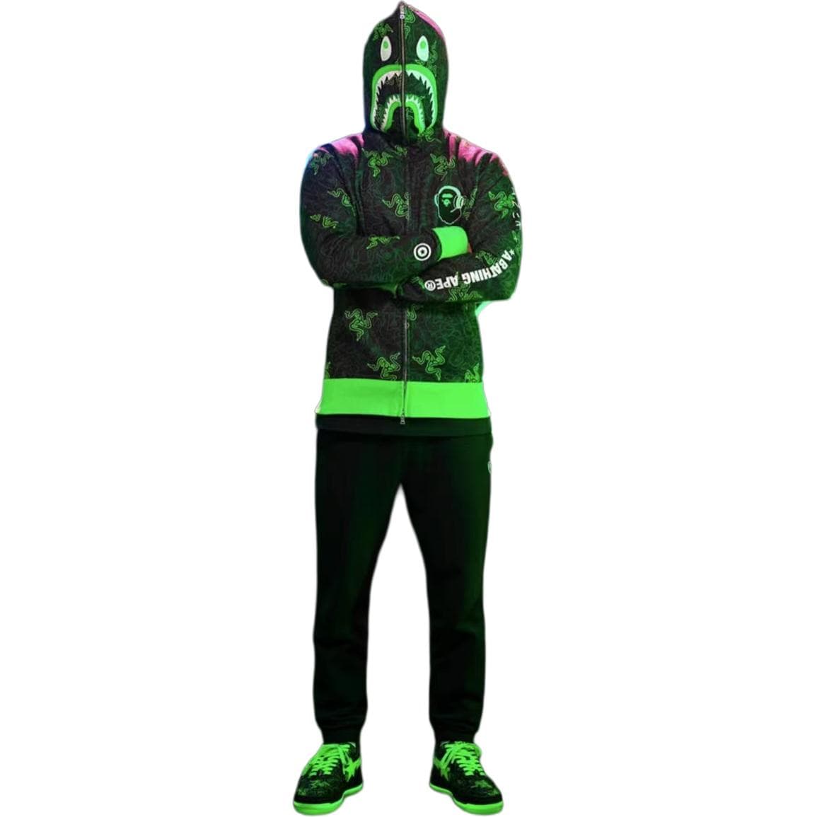 Худи BAPE x Razer FW22 Neon camo shark full zip hoodie - изображение 5