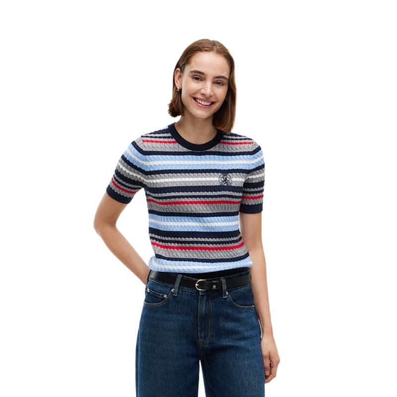 Кофта Tommy Hilfiger Синий Серый Многоцветные Полосы 0CX Женский Трикотаж - изображение 1
