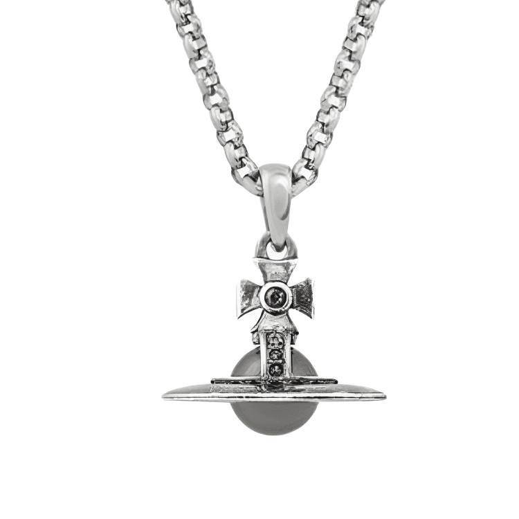 Ожерелье Vivienne Westwood Petite Orb PENDANT Латунь с кристаллами Сатурн Маленький размер Объемный кулон-подвеска Мужской Серебристый/темно-серый - изображение 3