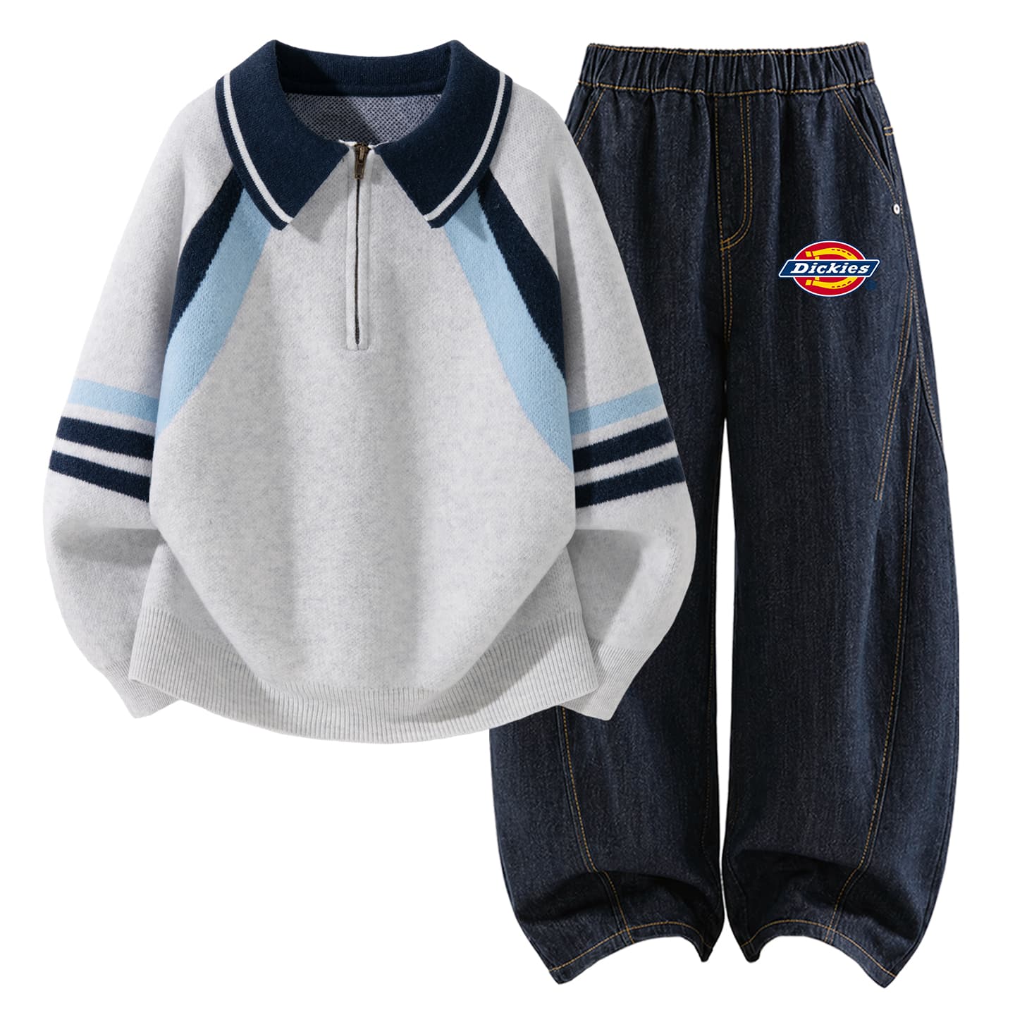 Dickies Однотонный Светлый Mist Серый + Силиконовый Логотип K Деним Черный Синий Kids Повседневные Спортивные Костюмы Наборы - изображение 1