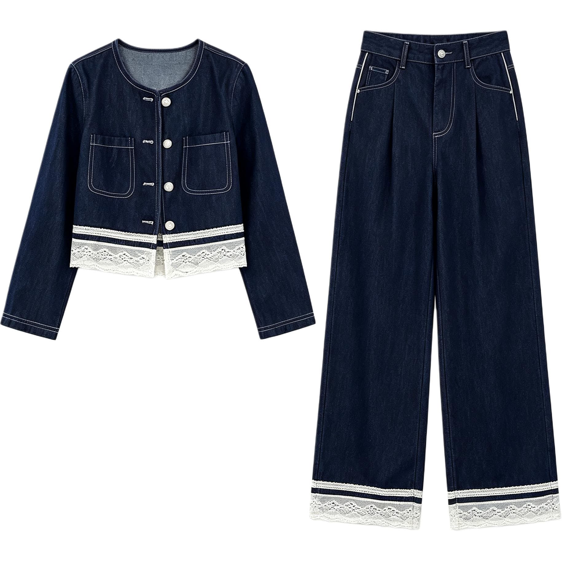 SHIBU A25113 Стиль Denim Lace Trim Set Magic Цветы Kids Casual Sports Sets Комплекты - изображение 1