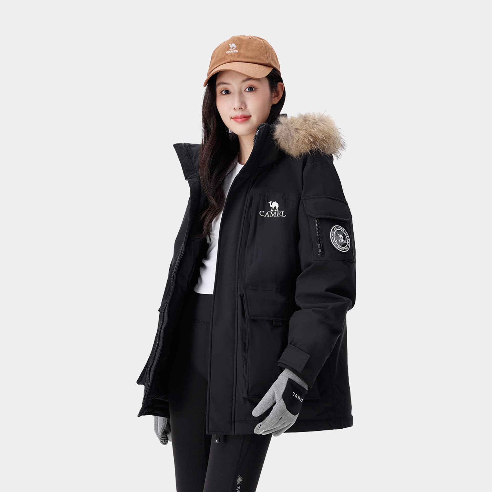 Зимняя куртка CAMEL Parka Unisex Средняя длина Белый пух утки 600+ (Наполняющая способность) Износостойкий Водонепроницаемый Съемный меховой воротник Ветрозащитный капюшон Теплый - изображение 4