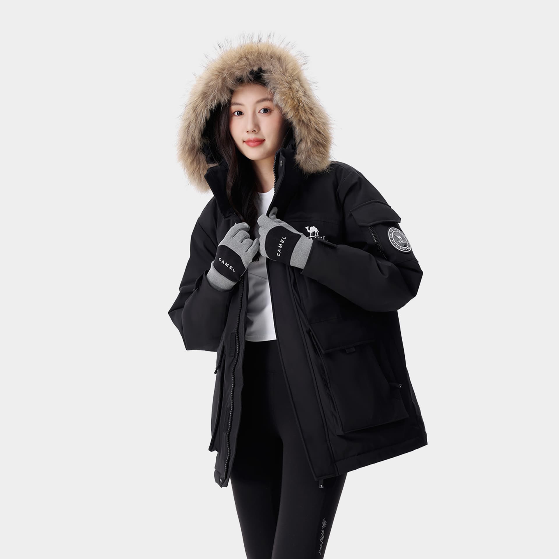 Зимняя куртка CAMEL Parka Unisex Средняя длина Белый пух утки 600+ (Наполняющая способность) Износостойкий Водонепроницаемый Съемный меховой воротник Ветрозащитный капюшон Теплый - изображение 5
