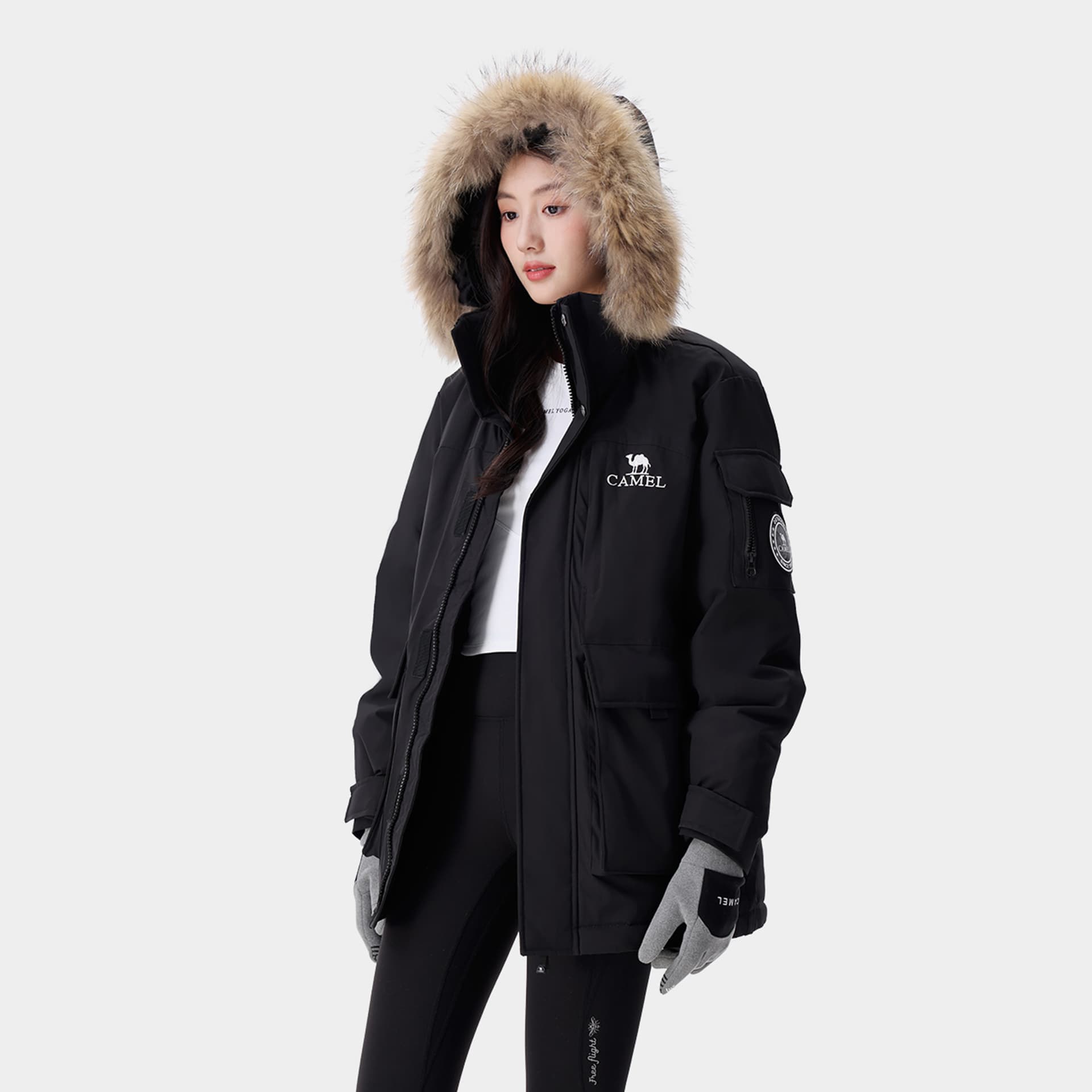 Зимняя куртка CAMEL Parka Unisex Средняя длина Белый пух утки 600+ (Наполняющая способность) Износостойкий Водонепроницаемый Съемный меховой воротник Ветрозащитный капюшон Теплый - изображение 3