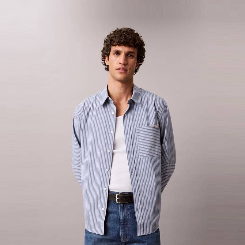 Рубашка Calvin Klein C7K Синие Белые Полосатые Мужские Рубашки - изображение 4