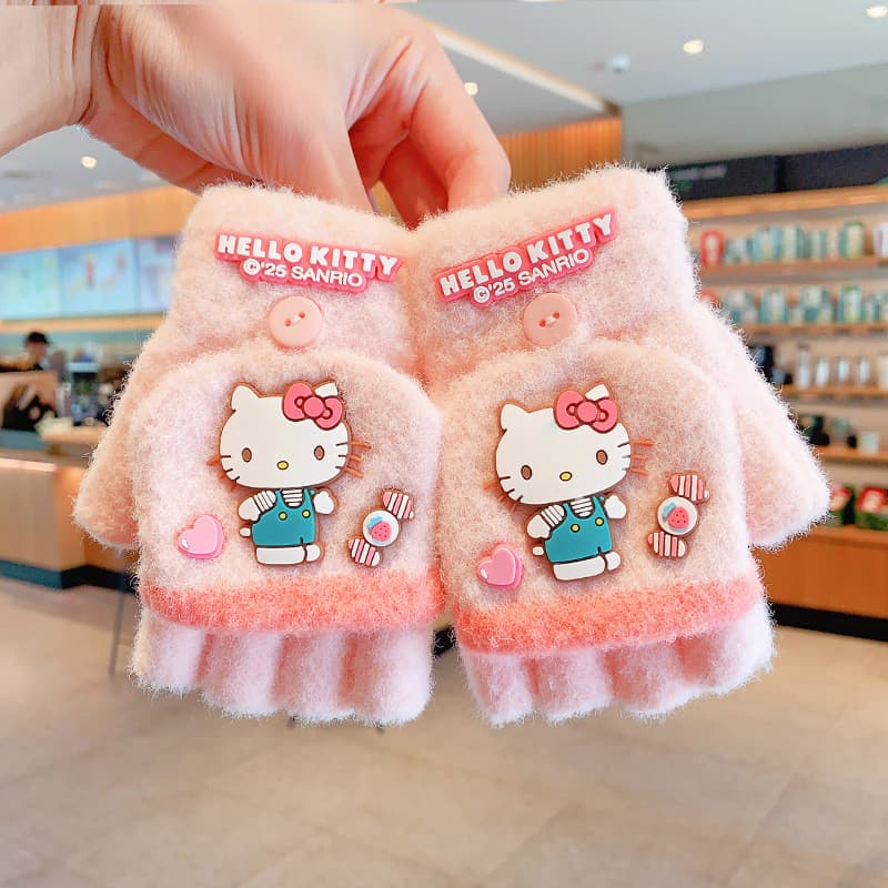 Sanrio Милый и симпатичный плюшевый утолщенный осень зима отеплительный верхний клапан полупальцы полиэстер вязаные перчатки детский - изображение 2