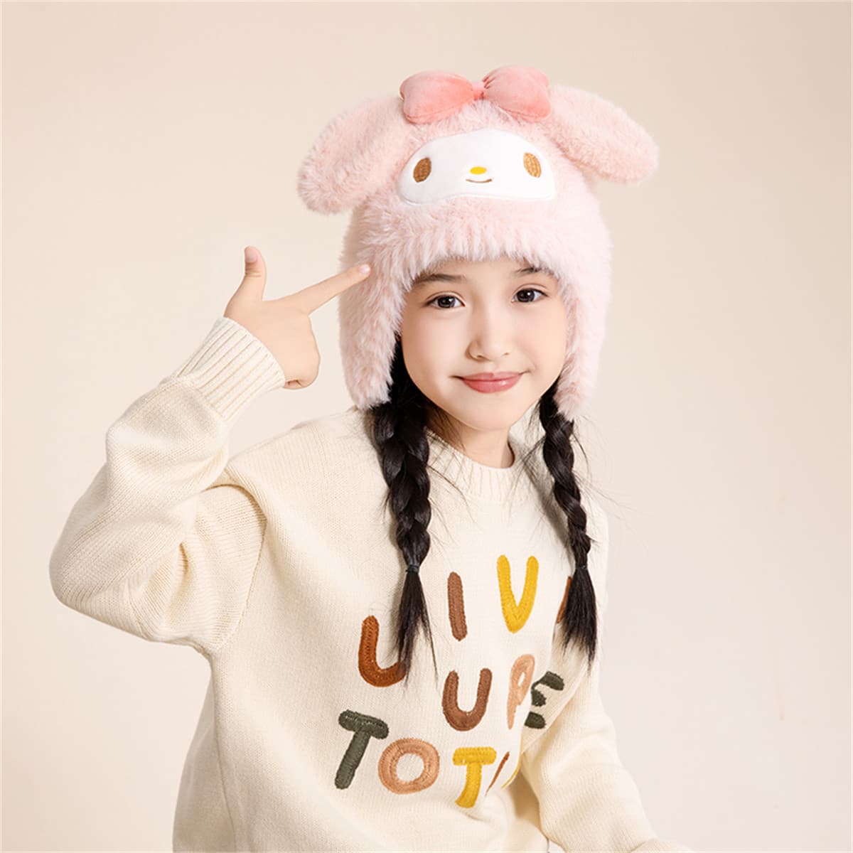 Шапка Sanrio Мультяшный шапка с ушками осень и зима милый утолщенный термозащитный пуловер плюшевый шерстяная шапка детский - изображение 2