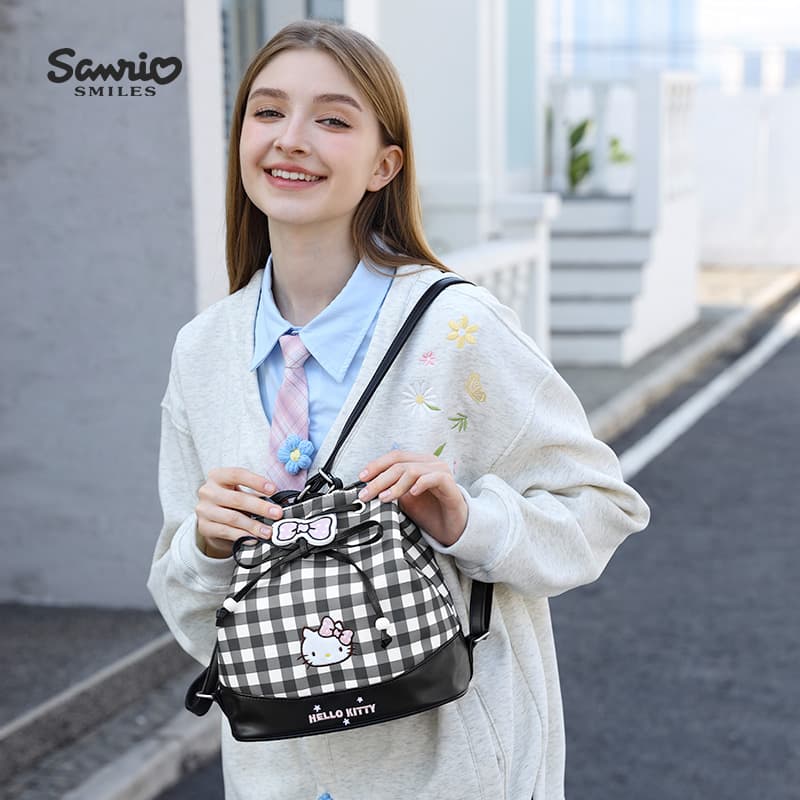 Рюкзак Sanrio Полиэстер с ПУ (полиуретан) Рюкзак Женский Черный Белый Клетка - изображение 2
