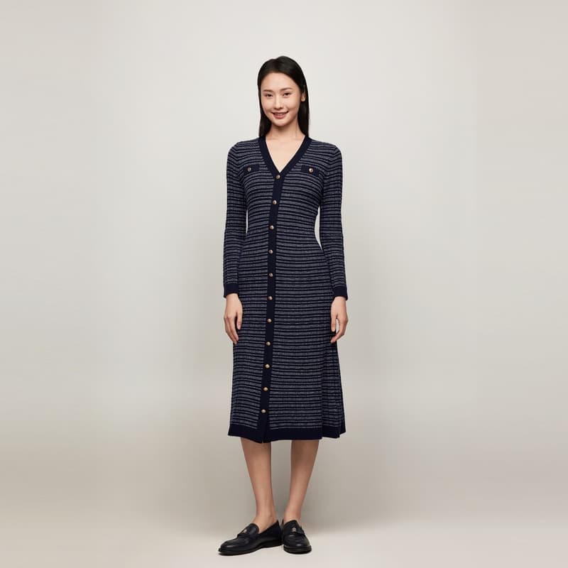 Платье Tommy Hilfiger Длинное платье с длинными рукавами женское темно-синий белый полосы - изображение 3