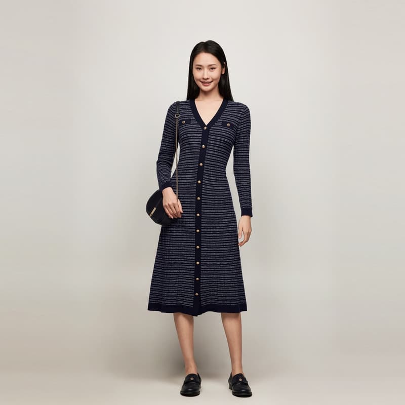 Платье Tommy Hilfiger Длинное платье с длинными рукавами женское темно-синий белый полосы - изображение 5