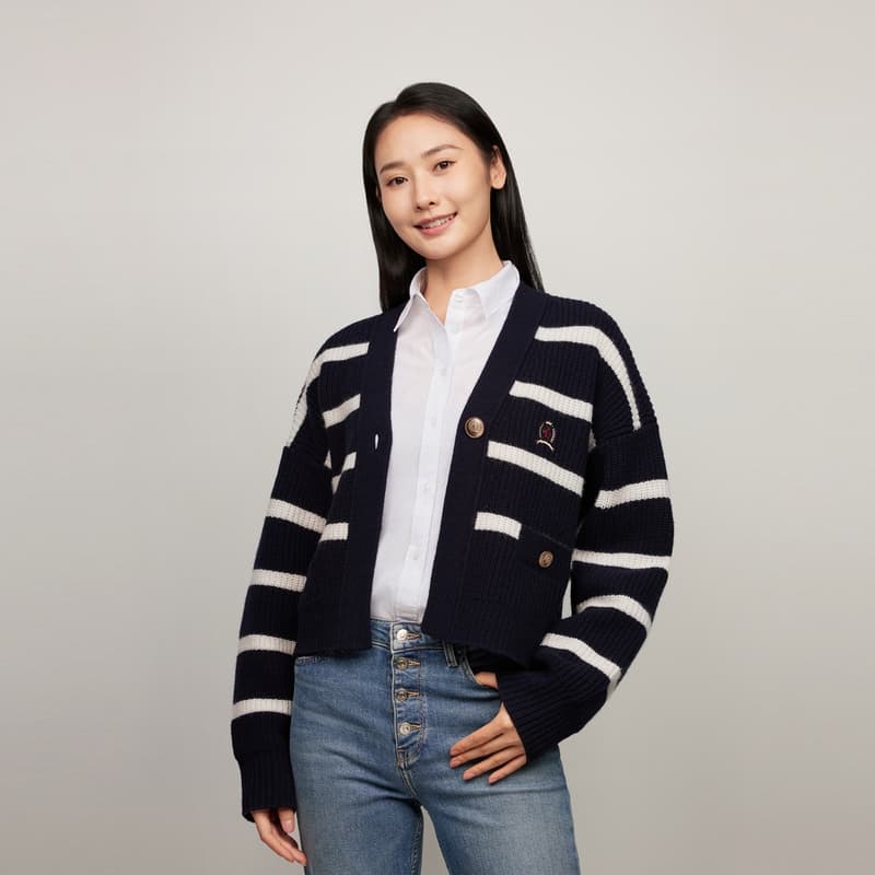 Кардиган Tommy Hilfiger Свитер Женский Темно-синий Белый Полосы - изображение 3