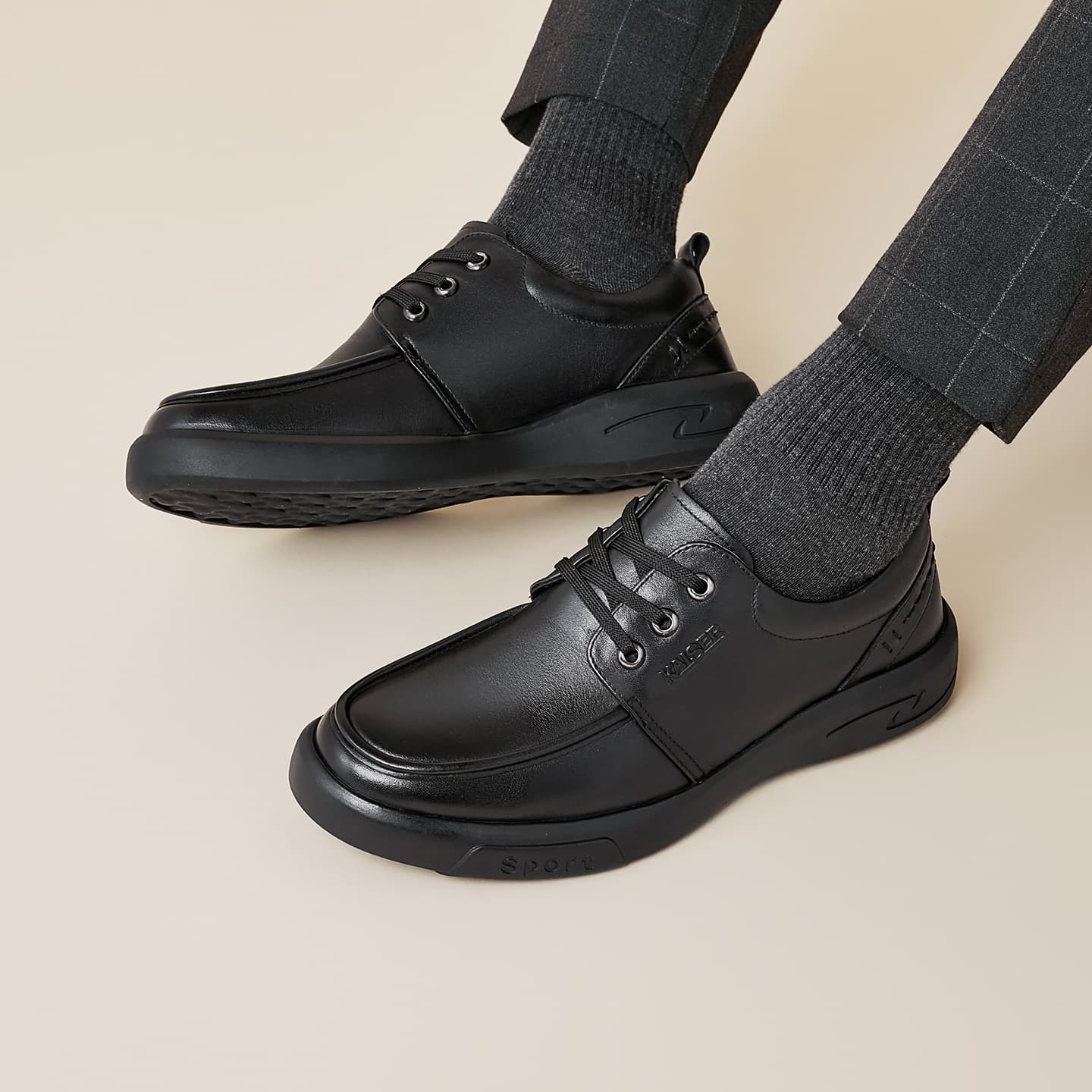 KAISER Повседневные кожаные туфли мужские из верхнего слоя коровьей кожи на удобной толстой подошве с шнуровкой, черные - изображение 7
