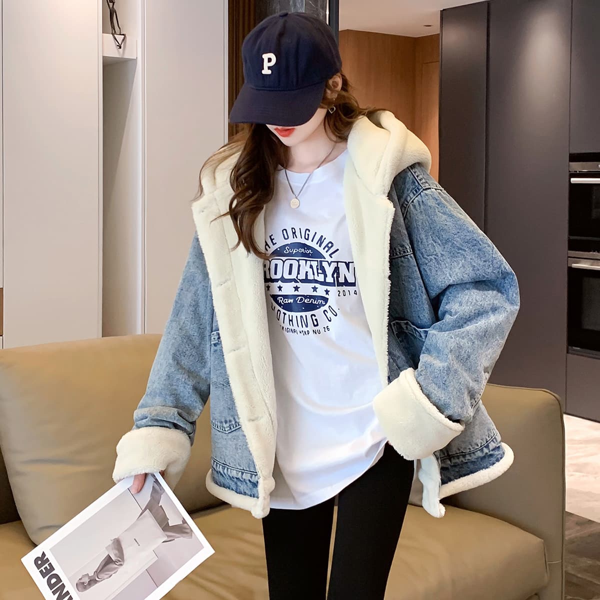 JEANSWEST Зимний термический с флисовой подкладкой свободный крой утягивающий средней длины с капюшоном длинные рукава - изображение 3