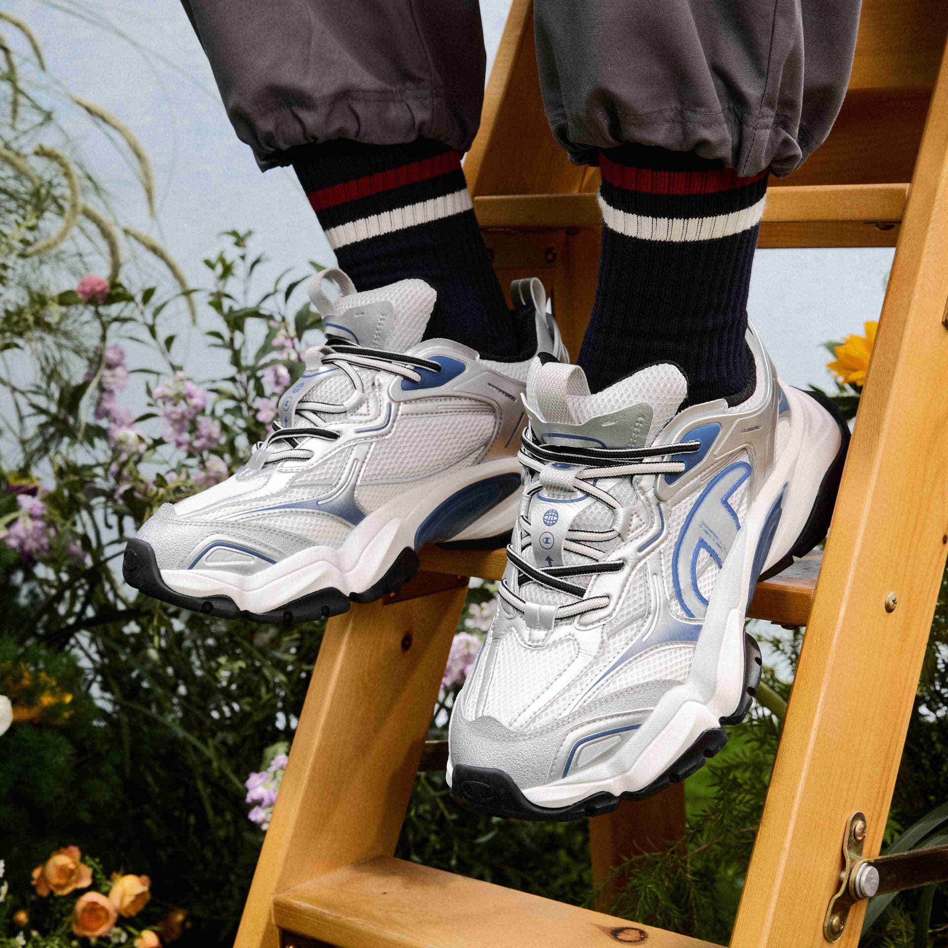 Кроссовки Champion Tooth Shark Shoes Пава Броня Низкие Кроссовки Мужские Серебристо-Белые Синие Агат - изображение 8