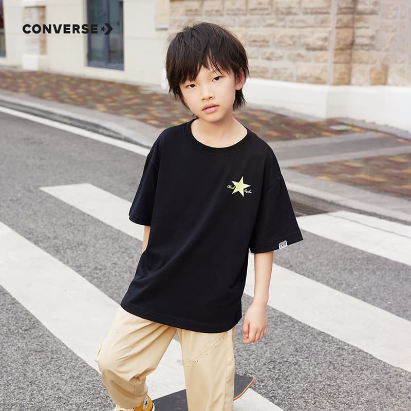 Футболка Converse Футболка с круглым вырезом повседневная удобная минималистичная короткий рукав глубокий черный детский - изображение 4
