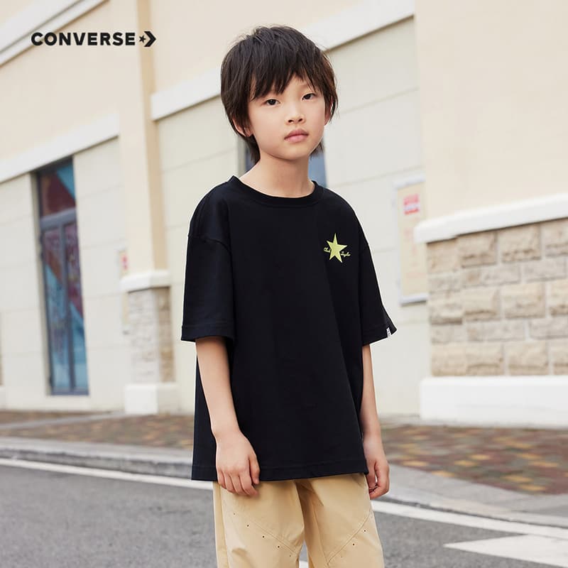 Футболка Converse Футболка с круглым вырезом повседневная удобная минималистичная короткий рукав глубокий черный детский - изображение 7