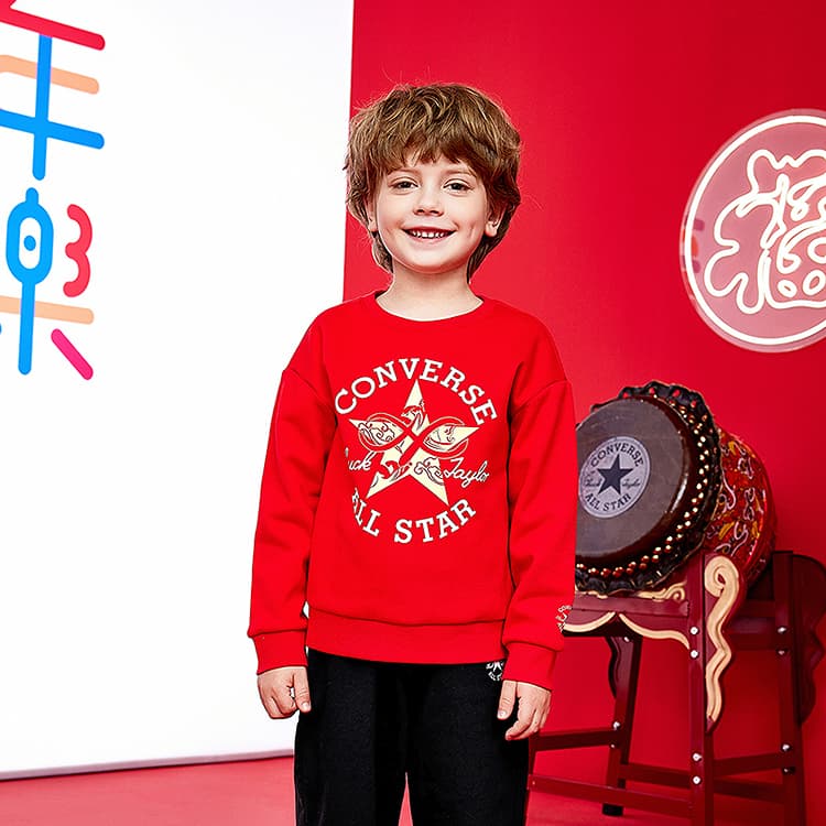 Converse Толстовка CNY All Star Круглый вырез Повседневный Буква Флисовая подкладка Детский - изображение 3