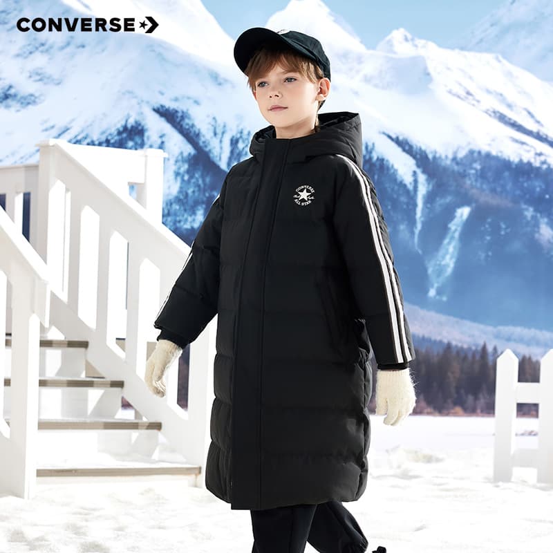 Converse Детская длинная пуховая куртка с капюшоном, логотипом бренда и утеплением, водоотталкивающая - изображение 3