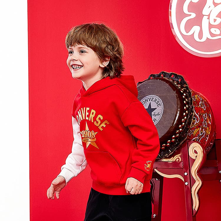 Converse Толстовка CNY серия с флисовой подкладкой модный удобный мягкий безопасный для кожи с капюшоном ярко-красный детский - изображение 3