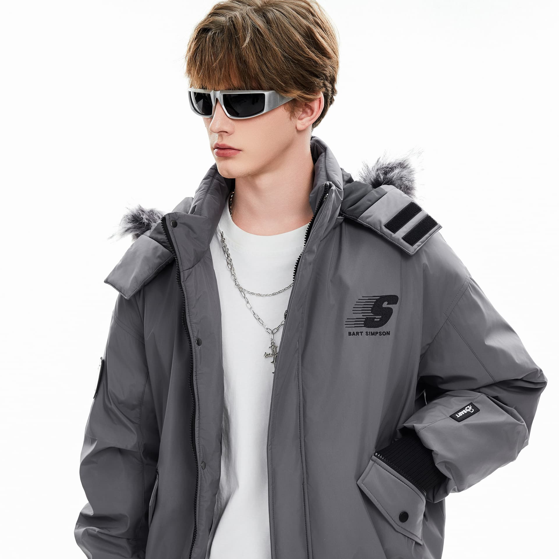 Зимняя куртка The Simpsons Симпсоны Меховой воротник Утолщенный Подкладка из утиного пуха Винтаж/дворцовый стиль Горный стиль Рабочий стиль Пальто-парки Ветрозащитный С капюшоном Осень и зима Дофамин Однотонный Основные Унисекс - изображение 5