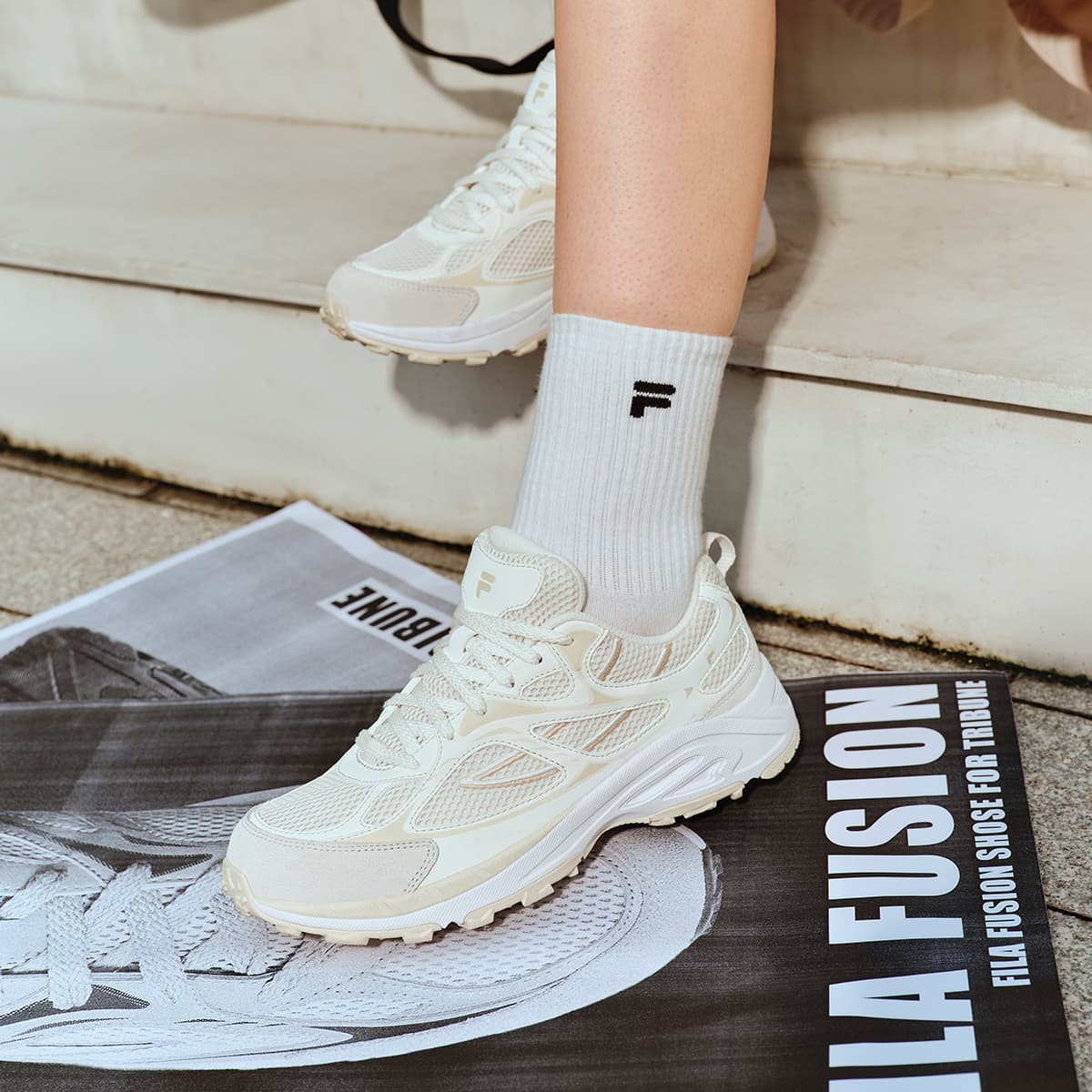 Кроссовки FILA FUSION Tribune Повседневная обувь Low Топ Кокосовое молоко Белый Ангольский цвет Коричневый Женские - изображение 7