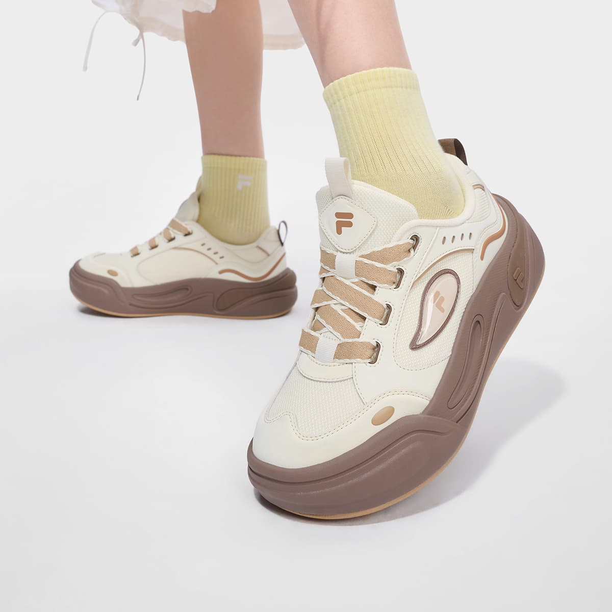 Кроссовки FILA FUSION CANNOLI Cake Shoes Кеды для скейтбординга Низкий Топ Крафт-бумага Белый Темно-желтый Женские - изображение 7