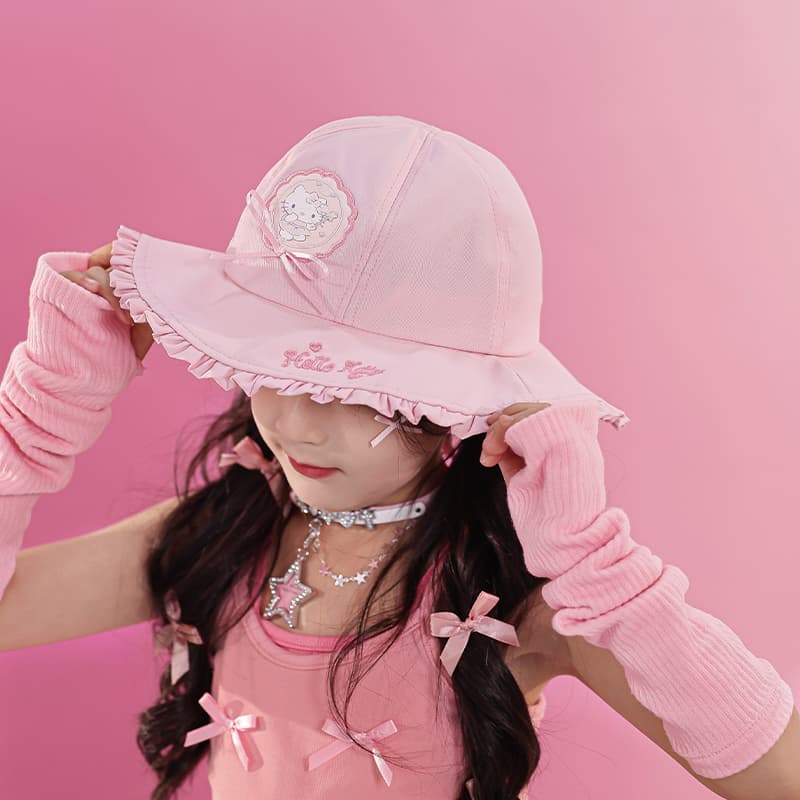 Панама Sanrio Hello Kitty розовый бант с кружевной отделкой, солнцезащитная универсальная шляпа ведра для детей - изображение 5