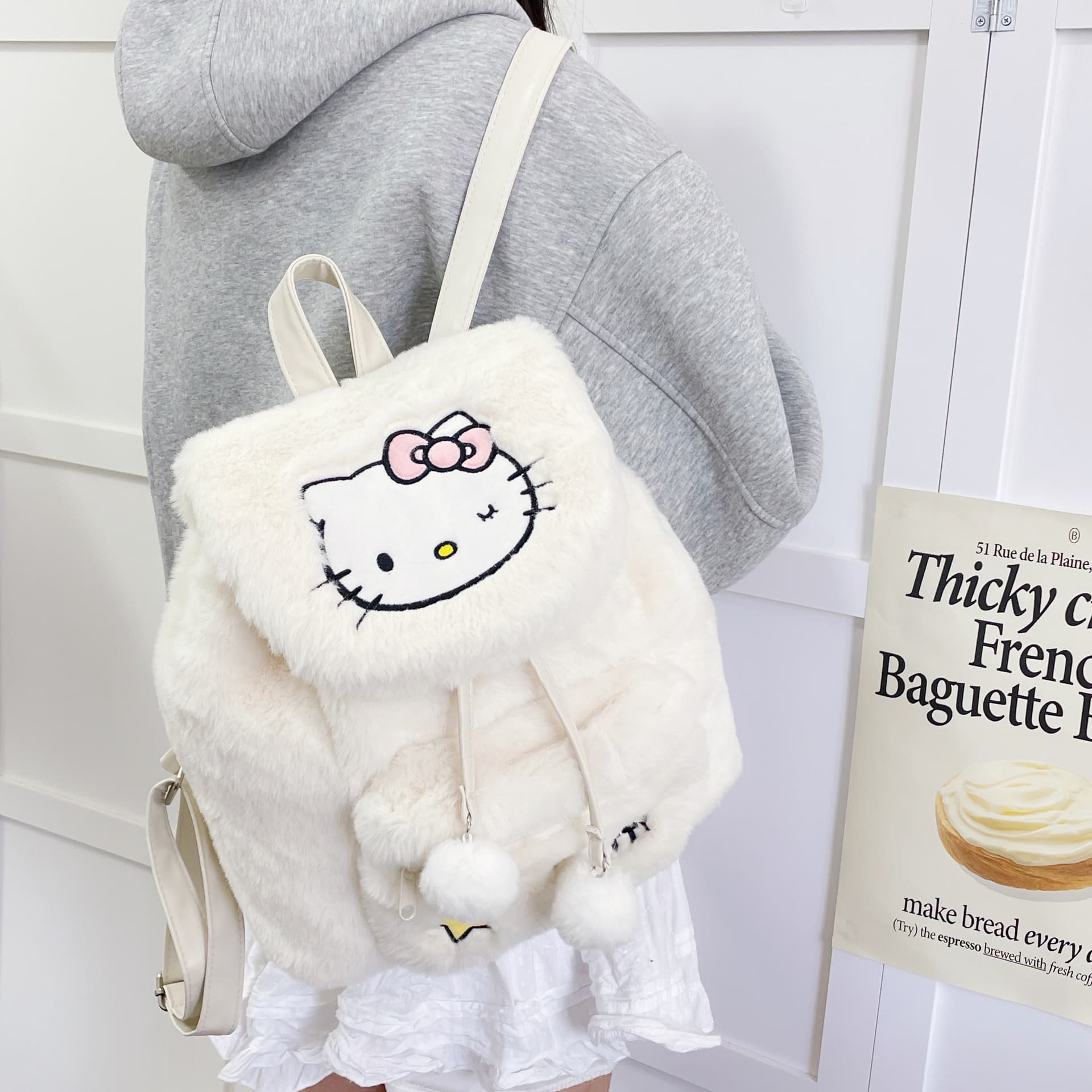 Рюкзак Sanrio Hello Kitty Плюшевый Рюкзак Женский Молочный Белый - изображение 3