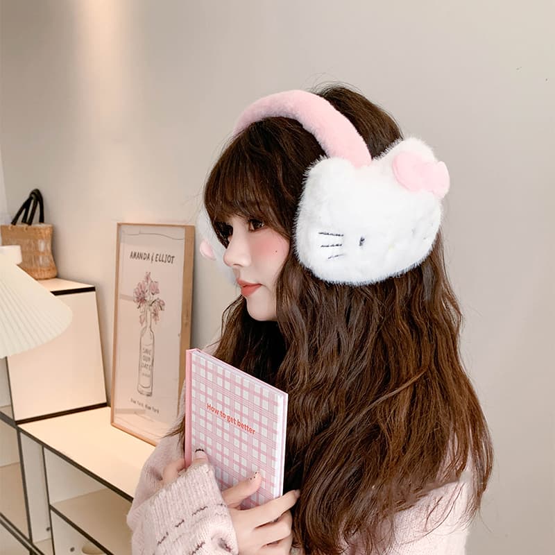 Sanrio Hello Kitty Верхний клапан Плюшевый Белый Милый Универсальный Холодостойкий Ветрозащитный Варежки На открытом воздухе Путешествие Осень зима Коммутирование Наушники Комплект Полиэстер Плюшевая пряжа Перчатки Женский - изображение 4