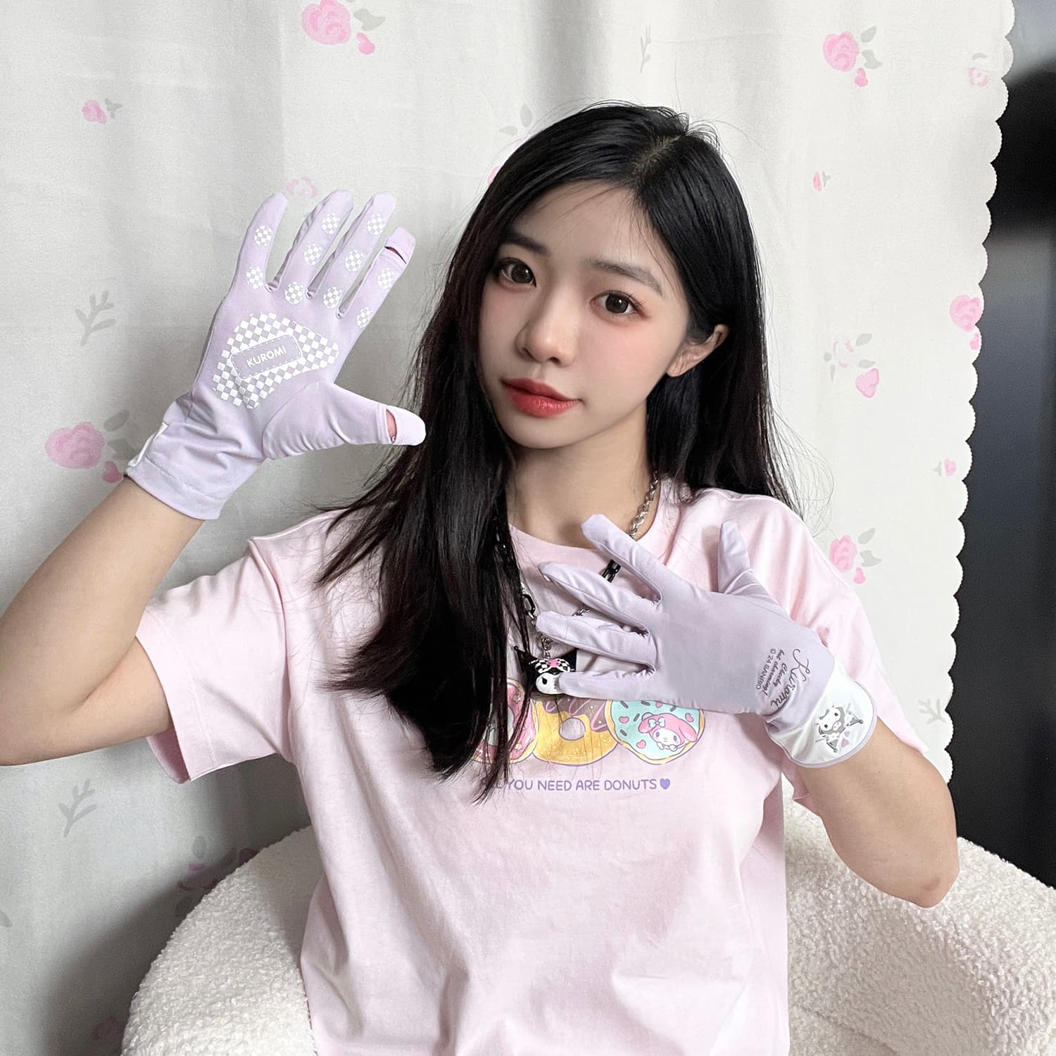 Sanrio Куроми фиолетовый милый мультяшный дышащий солнцезащитный сладкий стиль универсальный на открытом воздухе велоспорт путешествие экстра свободный легкий 100% полиамид эластан перчатки женский - изображение 2
