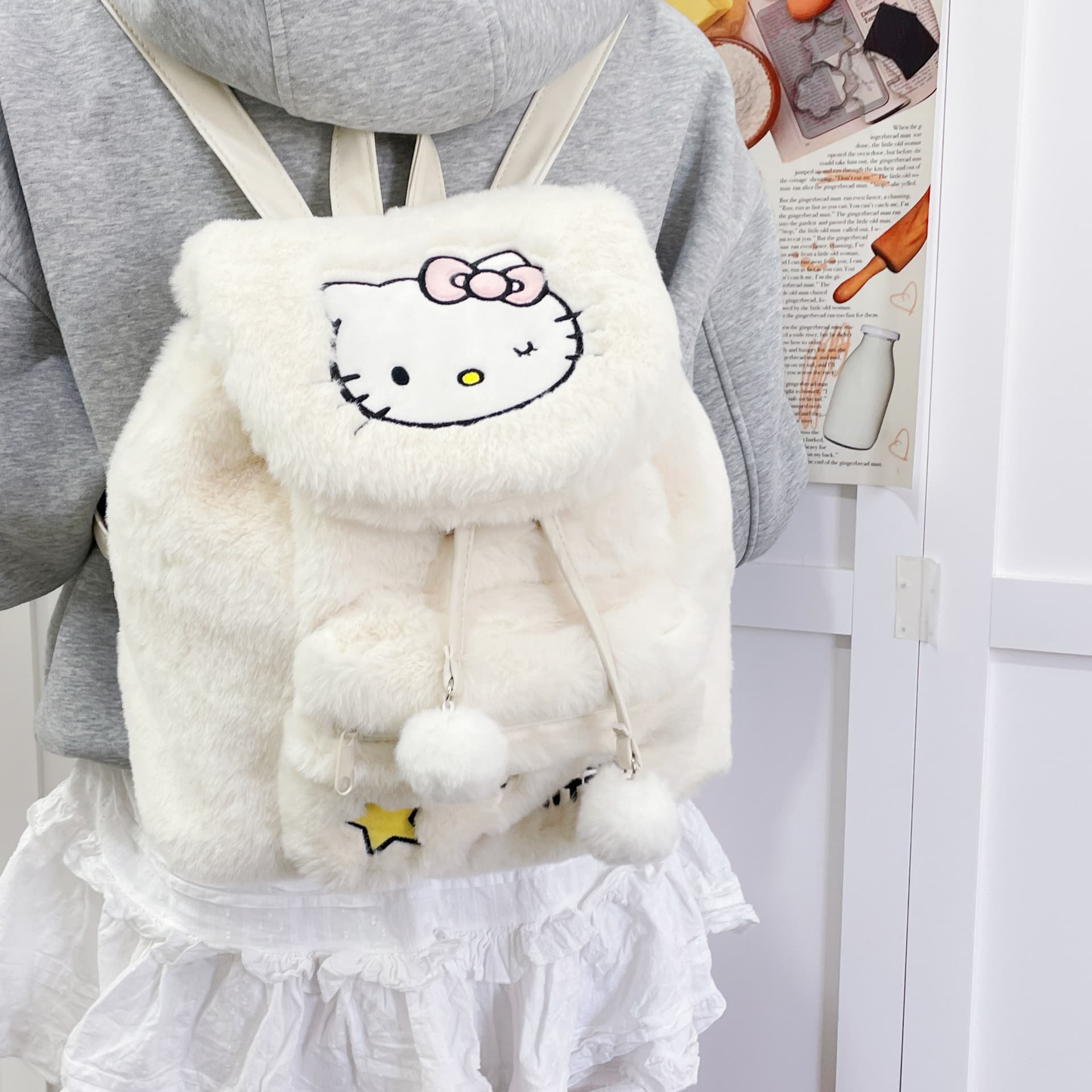 Рюкзак Sanrio Hello Kitty Плюшевый Рюкзак Женский Молочный Белый - изображение 7