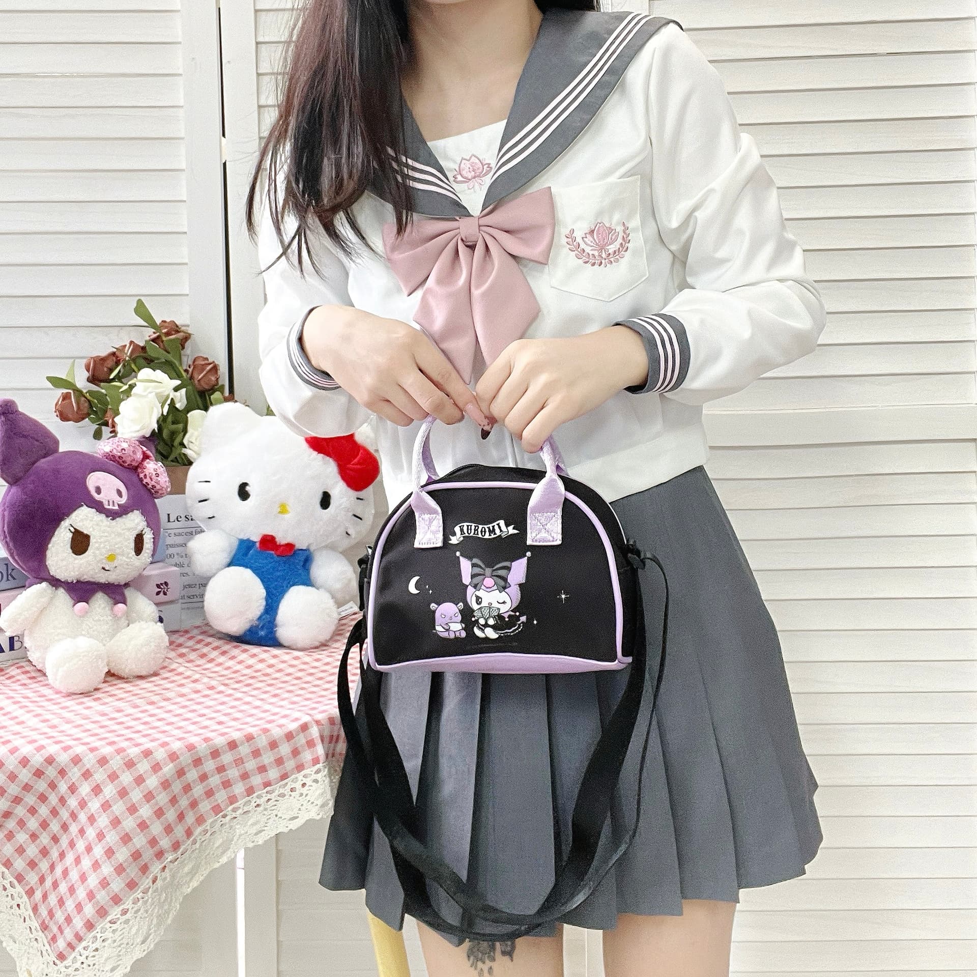 Сумка Sanrio Kurumi Полиэстеровая ткань через плечо сумка на одно плечо стандартная женская черная и фиолетовая - изображение 5