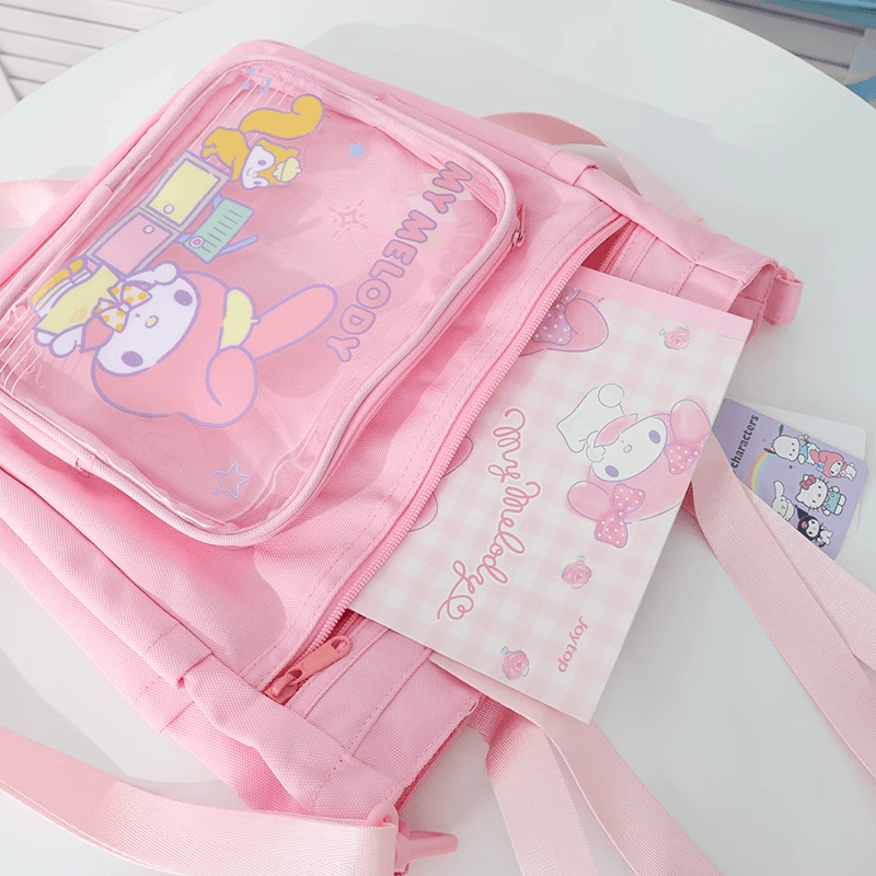 Sanrio My Melody Ита-баги Повседневный Модный Универсальный Утилитарный Мультяшный Милый и симпатичный Портативный Легкий Прочный Прозрачный Сумка Большой объем Хранение Сумки через плечо Ита-баги Женский Розовый - изображение 5