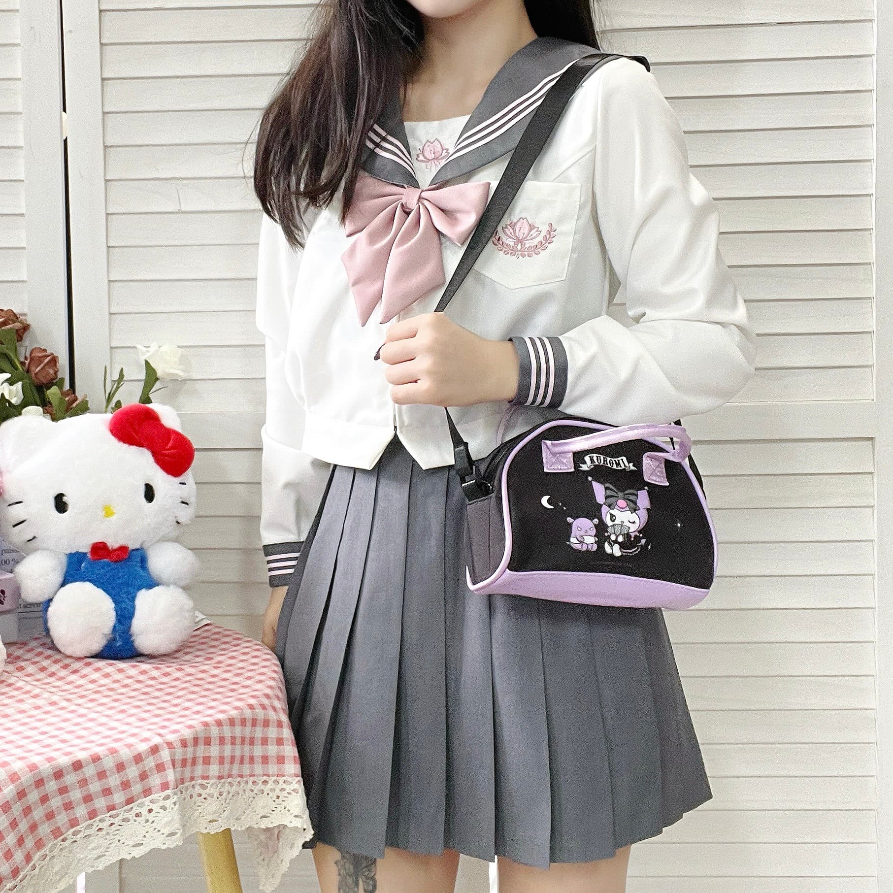 Сумка Sanrio Kurumi Полиэстеровая ткань через плечо сумка на одно плечо стандартная женская черная и фиолетовая - изображение 4