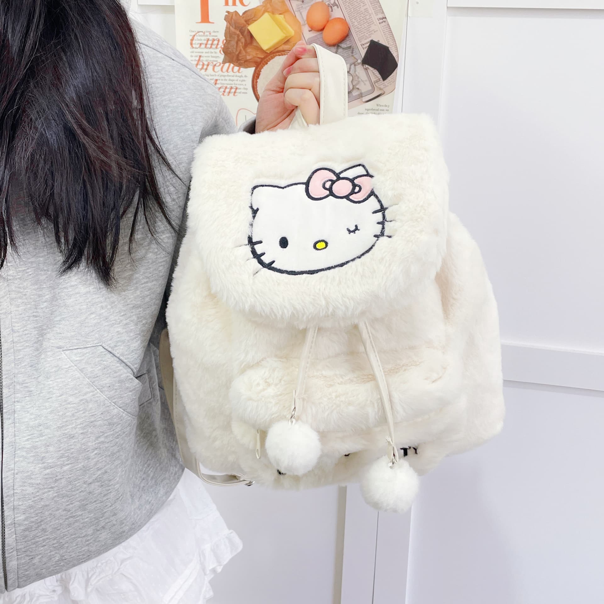 Рюкзак Sanrio Hello Kitty Плюшевый Рюкзак Женский Молочный Белый - изображение 5