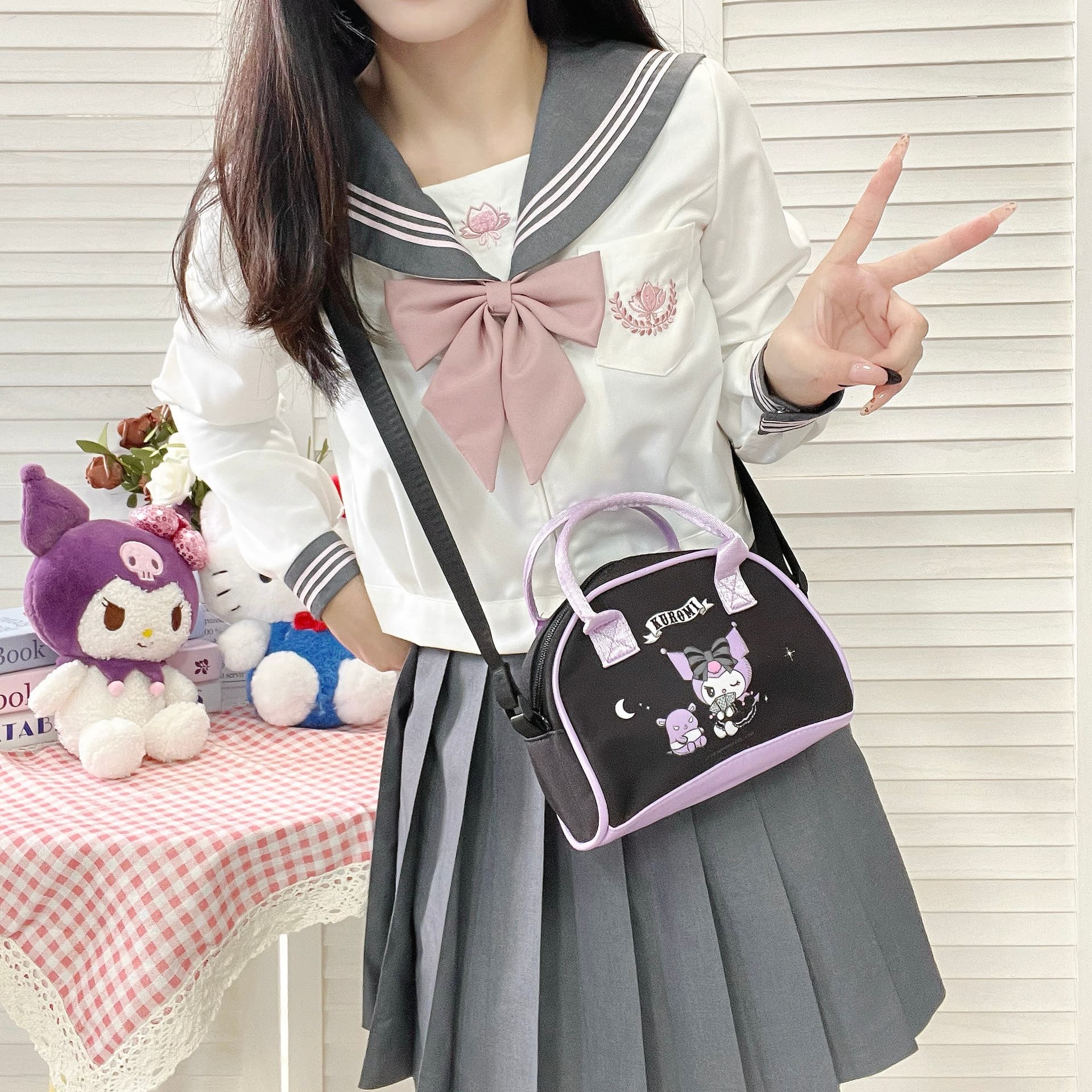 Сумка Sanrio Kurumi Полиэстеровая ткань через плечо сумка на одно плечо стандартная женская черная и фиолетовая - изображение 3