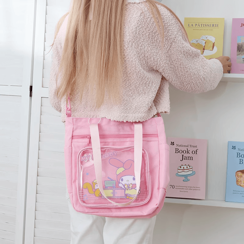 Sanrio My Melody Ита-баги Повседневный Модный Универсальный Утилитарный Мультяшный Милый и симпатичный Портативный Легкий Прочный Прозрачный Сумка Большой объем Хранение Сумки через плечо Ита-баги Женский Розовый - изображение 3