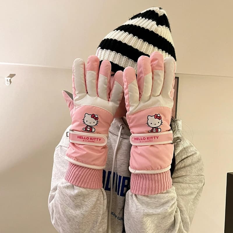Sanrio x Hello Kitty x Хелло Китти Розово-белый Милый бант Универсальный утолщенный с флисовой подкладкой Модный термозащитный осень зима холодостойкий ветрозащитный и водонепроницаемый Ткань: 100% полиэстер Перчатки Унисекс парный - изображение 2